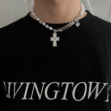 Load image into Gallery viewer, HALF PEARL HALF DOUBLE CHAIN CROSS NECKLACE
