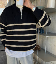 Load image into Gallery viewer, RT No. 5402 KNITTED BLACK STRIPED HALF-ZIP TURTLENECK SWEATER
