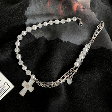 Load image into Gallery viewer, HALF PEARL HALF DOUBLE CHAIN CROSS NECKLACE
