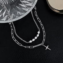 Load image into Gallery viewer, CROSS DOUBLE LAYER PEARL CHAIN NECKLACE
