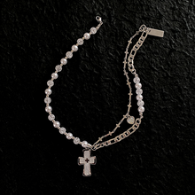 Load image into Gallery viewer, HALF PEARL HALF DOUBLE CHAIN CROSS NECKLACE
