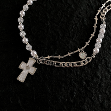 Load image into Gallery viewer, HALF PEARL HALF DOUBLE CHAIN CROSS NECKLACE
