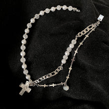 Load image into Gallery viewer, HALF PEARL HALF DOUBLE CHAIN CROSS NECKLACE
